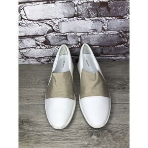 Via Spiga White Leather Beige Fabric Slip On Sneakers Women’s Sz 9.5M US/39.5EU